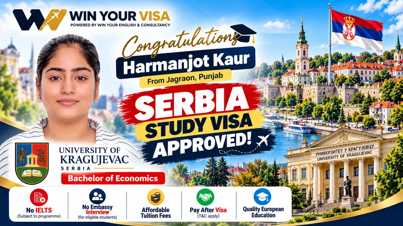 Serbia Study Visa Approved: Harmanjot Kaur from Jagraon Heads to the University of Kragujevac for a Bachelor’s in Economics