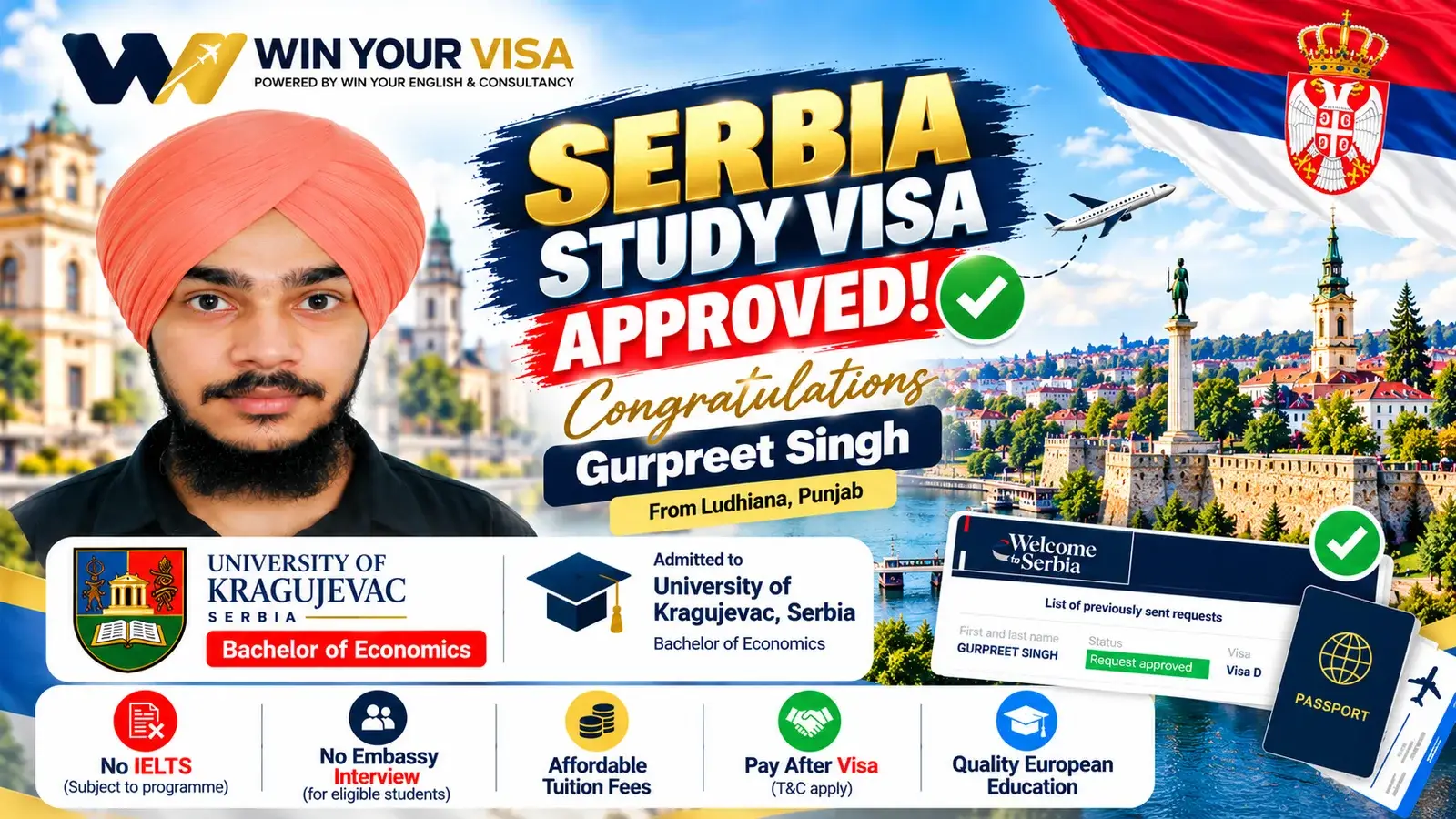 Study in Serbia from Ludhiana: Serbia Study Visa Approved for Gurpreet Singh, University of Kragujevac